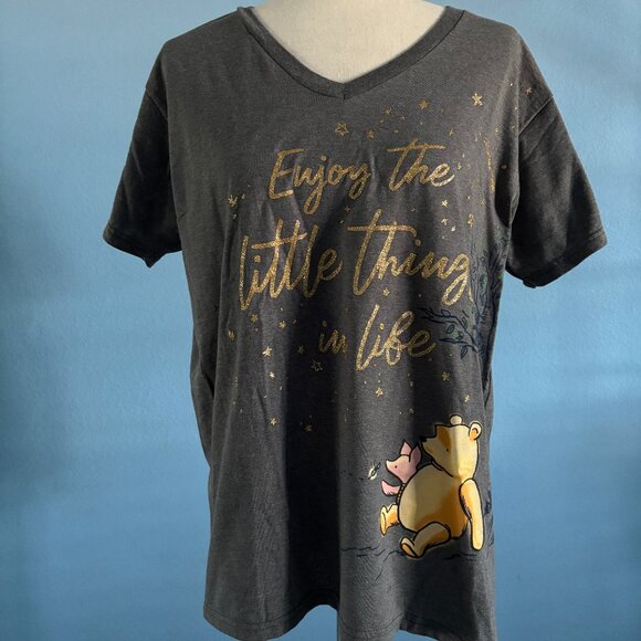 Winnie the Pooh & Piglet Shirt - Gold Sparkles - V Neck - Size Large - Disney - Picture 1 of 5